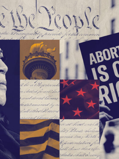 A graphic featuring Harris and imagery pertaining to reproductive rights.