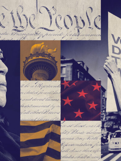 A graphic featuring Harris and imagery pertaining to voting rights.