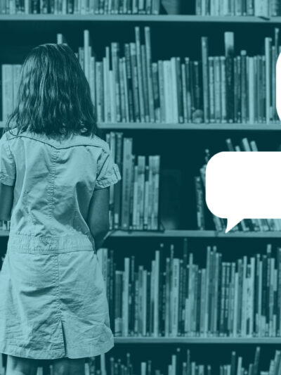 A graphic of a child looking at a shelf of library books surrounded by other graphics of thought bubbles and lightbulbs.
