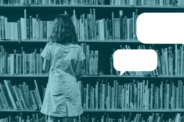 A graphic of a child looking at a shelf of library books surrounded by other graphics of thought bubbles and lightbulbs.