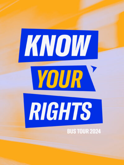 A graphic that says know your rights bus tour with question marks around the text.
