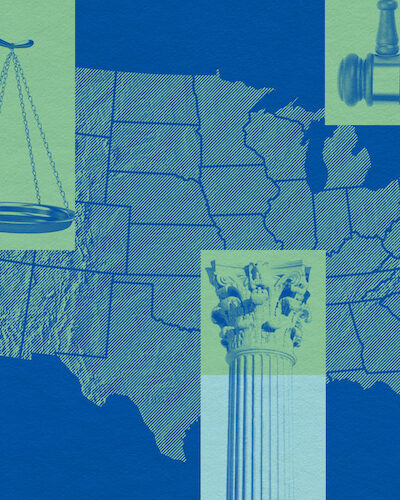 A graphic that includes a map of the United States and justice-related imagery.