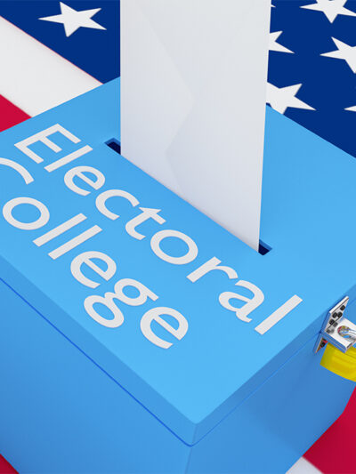 3D illustration of "Electoral College" script on a ballot box, with US flag as a background.