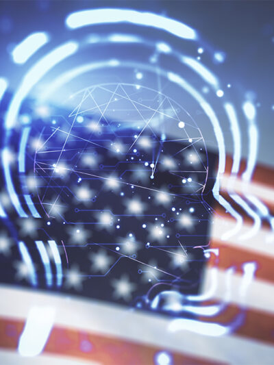 Abstract virtual artificial Intelligence interface with human head hologram on USA flag and sunset sky background.