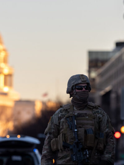 Members of the National Guard patrol the area surrounding the outskirts of the Capitol Building in Washington D.C.