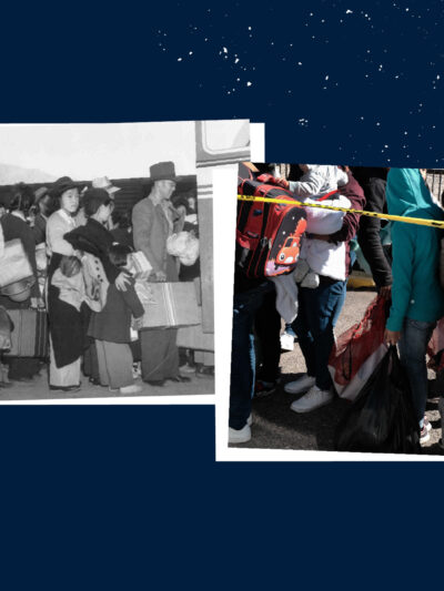 A collage of two photographs on a navy blue background—one black and white and one in color—depict American citizens of Japanese descent, including children, standing in line as they await relocation to internment camps during World War II.