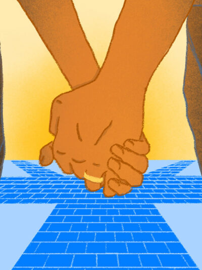 An animation of a married couple holding hands.