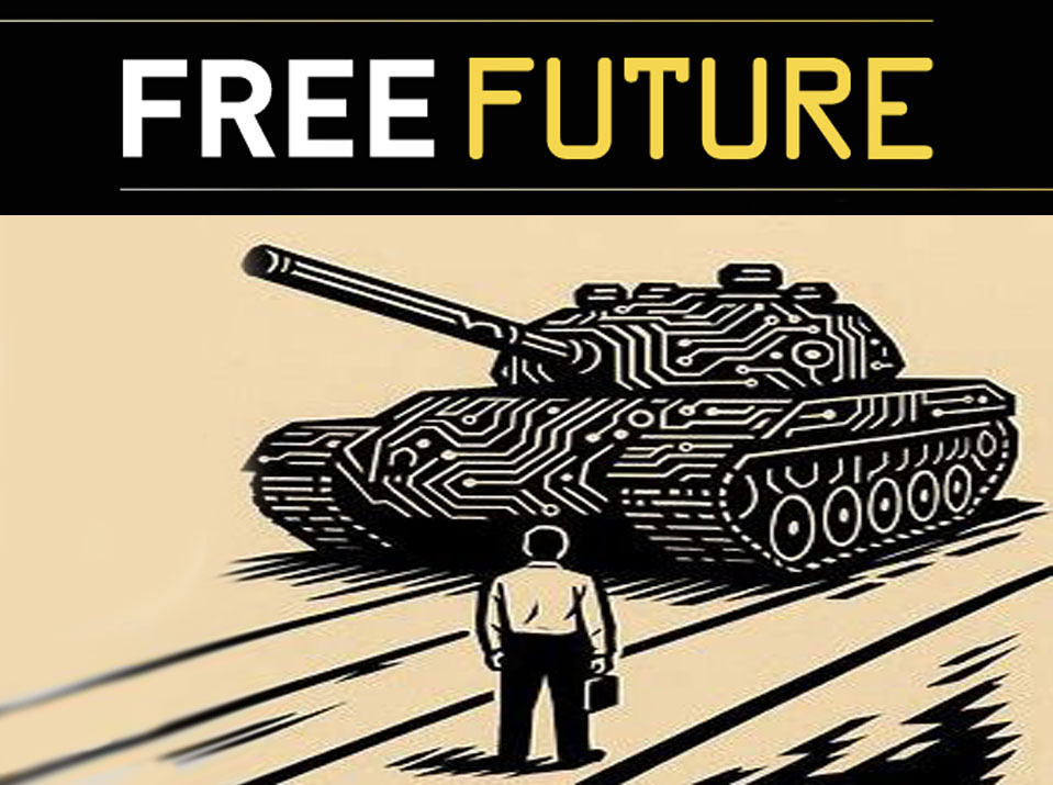 A man standing in front of a tank styled like silicon to represent AI