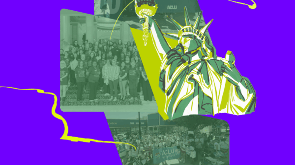 Purple background with people and a QR code to scan