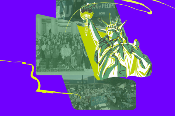 Purple background with people and a QR code to scan