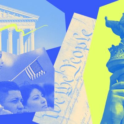 Blue and neon green banner image with people holding signs at a protest.