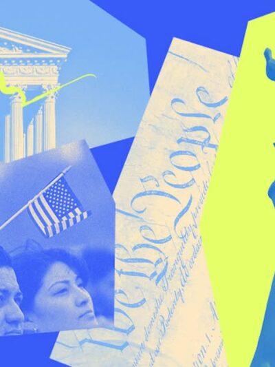 Blue and neon green banner image with people holding signs at a protest.