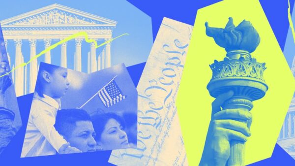 Blue and neon green banner image with people holding signs at a protest.