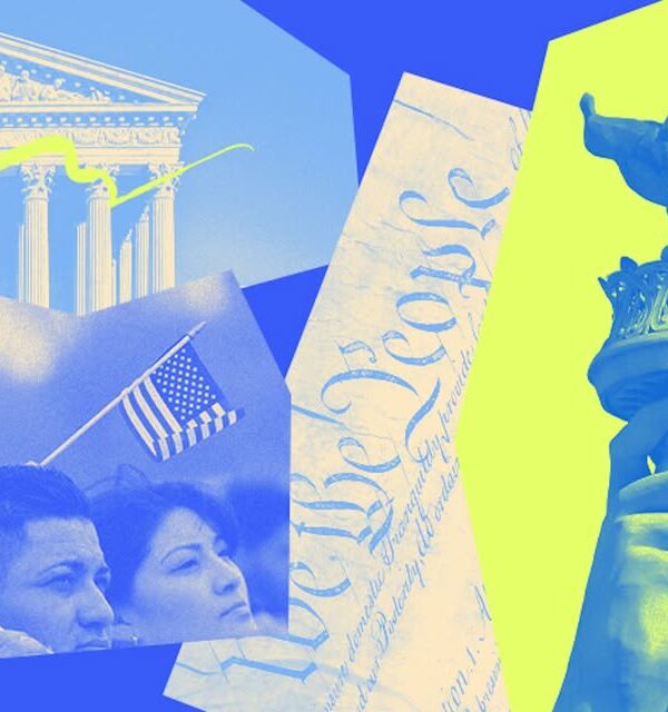 Blue and neon green banner image with people holding signs at a protest.