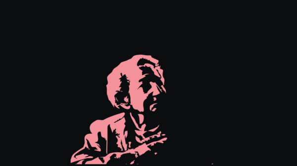 Black background with hot pink picture of Angie Debo