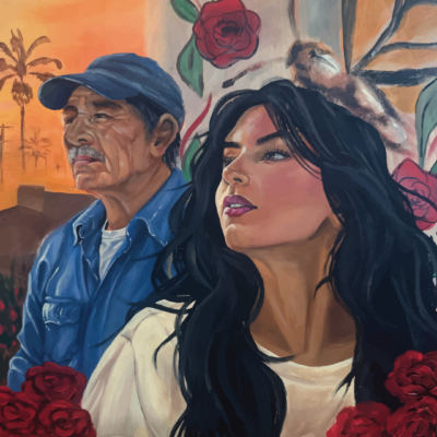 Hispanic woman and man looking to the left.