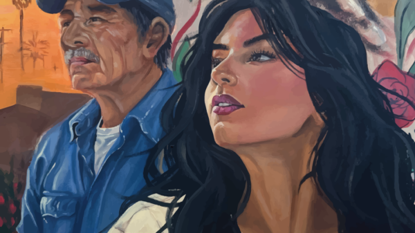 Hispanic woman and man looking to the left.