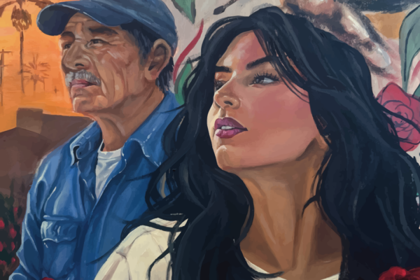 Hispanic woman and man looking to the left.