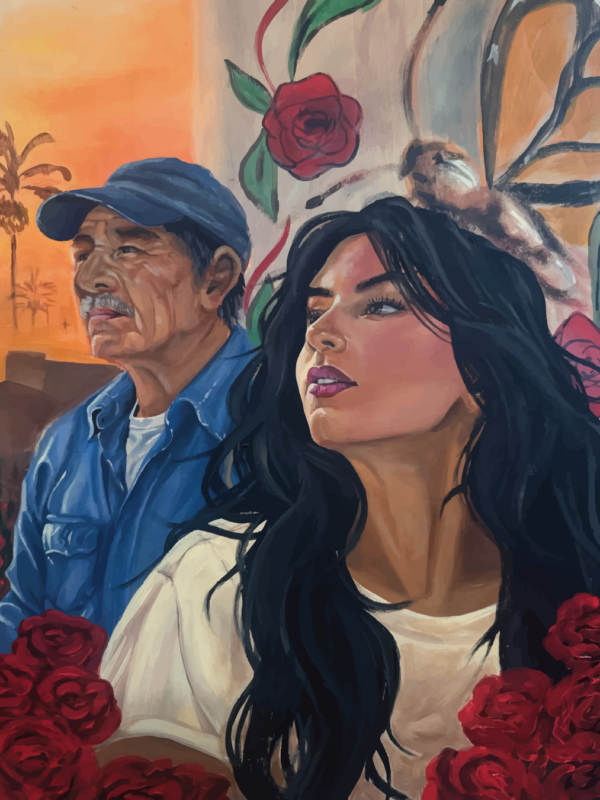 Hispanic woman and man looking to the left.