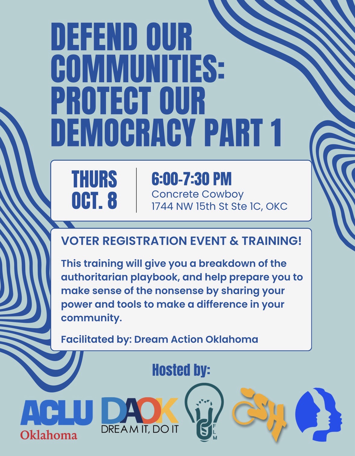 Flyer with event information on a voter registration event and community training