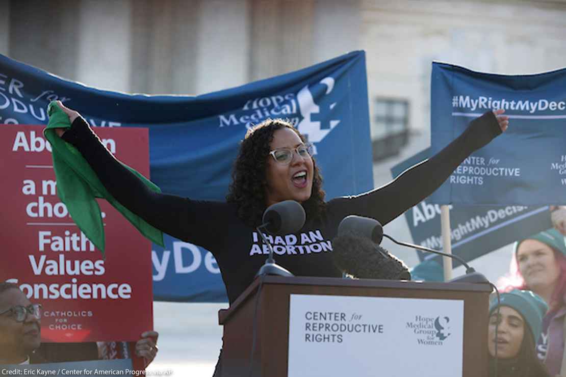 Renee Bracey Sherman, of We Testify, speaks to supporters organized by the Center for Reproductive Rights during a rally at the U.S. Supreme Court during oral arguments for June Medical Services v. Russo