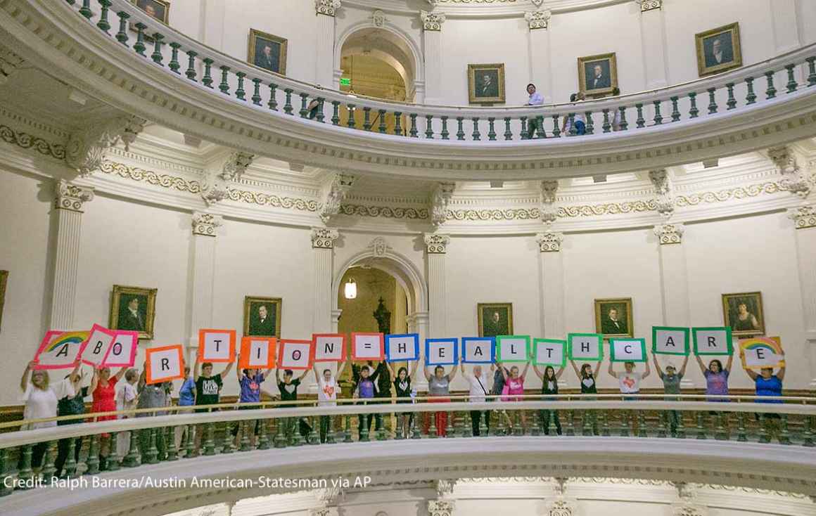 Representatives of the Trust, Respect, Access Coalition, holding multicolored signs spelling out ABORTION=HEALTHCARE, gathered in the Texas Capitol Rotunda Thursday afternoon July 27, 2017 to voice their opposition to abortion legislation being...