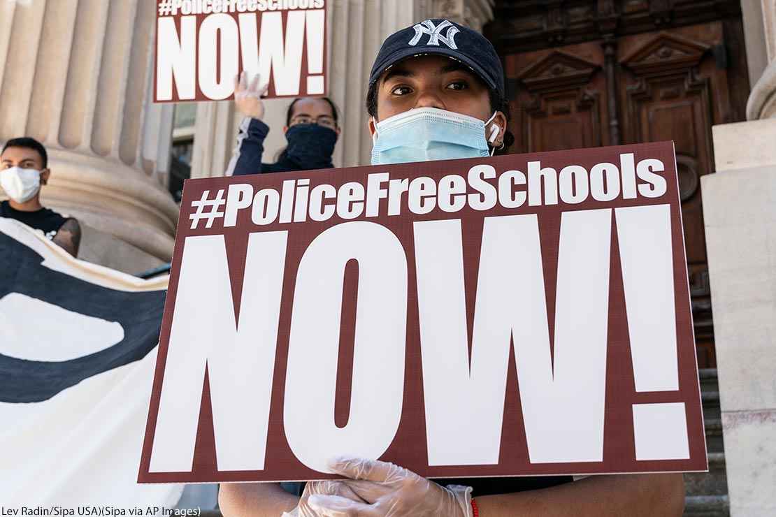 Protesters demanding removing police officers from schools on steps of Department of Education know as Tweed Courthouse in New York on June 25, 2020.