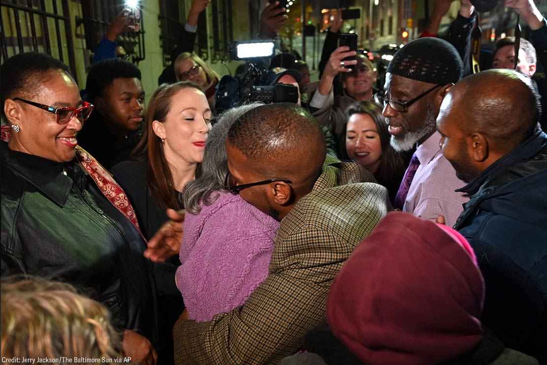 Prisoner Alfred Chestnut hugs his mother Sarah after his release Monday, Nov. 25, 2019, in Baltimore.