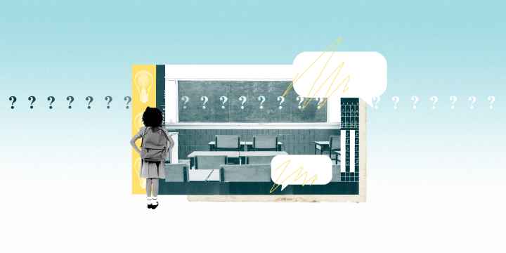 An image depicting a classroom, lightbulbs, thought bubbles, and a child with a backpack.