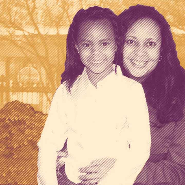 Mother and daughter reunited on yellow background