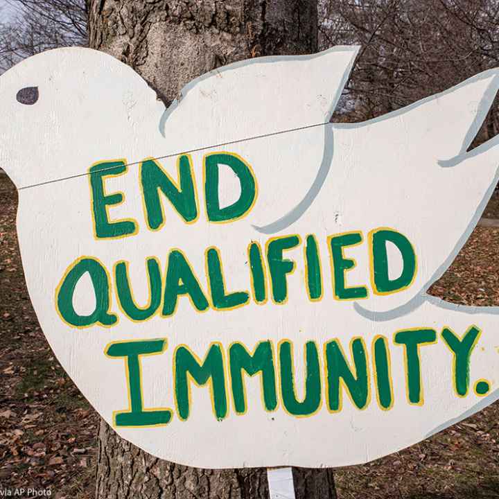 Sign of white dove reading "End Qualified Immunity", Qualified Immunity gives police officers immunity in the court of law given certain circumstances.