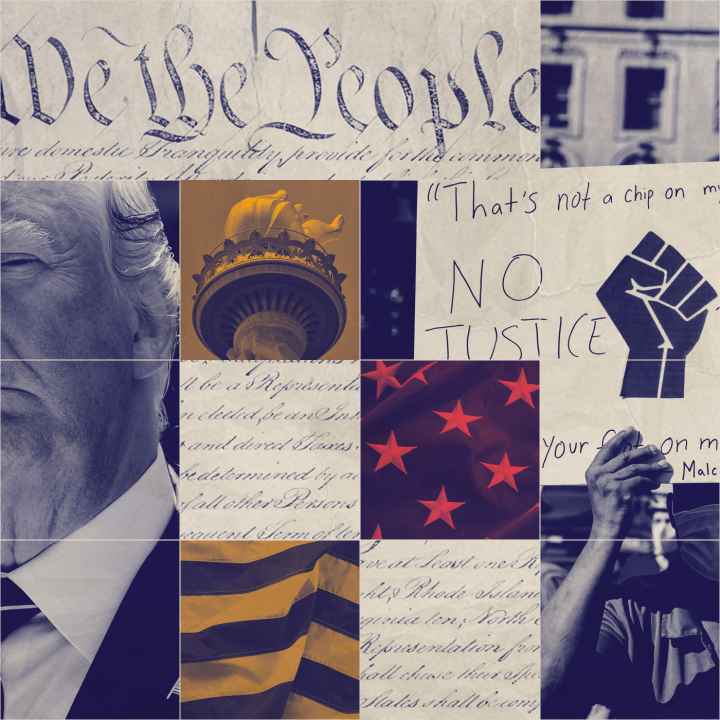 A graphic featuring Trump and imagery pertaining to the criminal legal system.