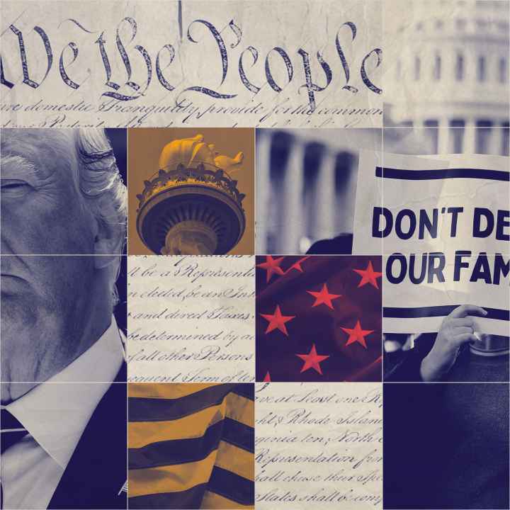 A collaged graphic featuring Donald Trump and Joe Biden.