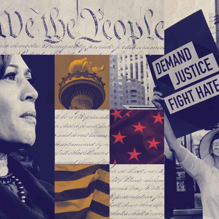 A graphic featuring Harris and imagery pertaining to the criminal legal system.