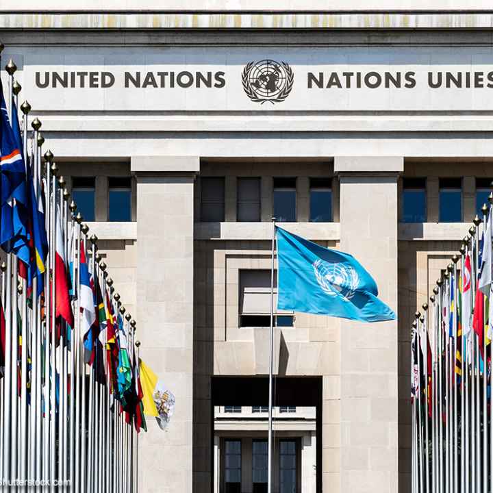 National flags at the entrance of the UN office in Geneva, Switzerland.