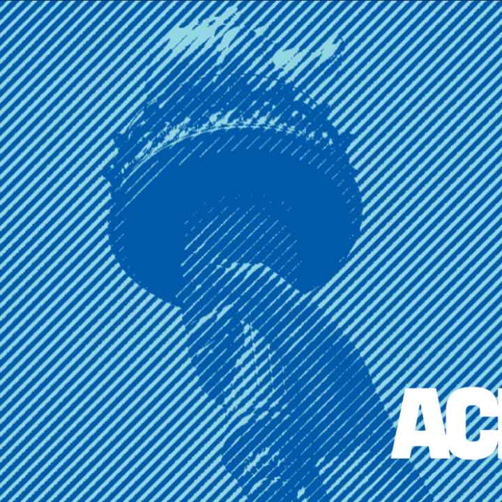 ACLU logo and Statue of Liberty torch in blue overlay