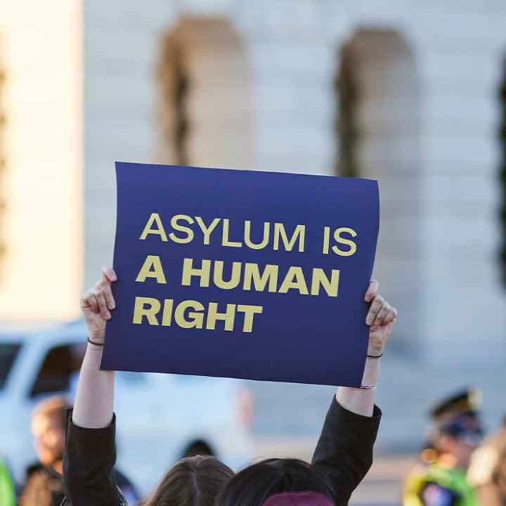 Asylum supporter holding up a sign reading " ASYLUM IS A HUMAN RIGHT".