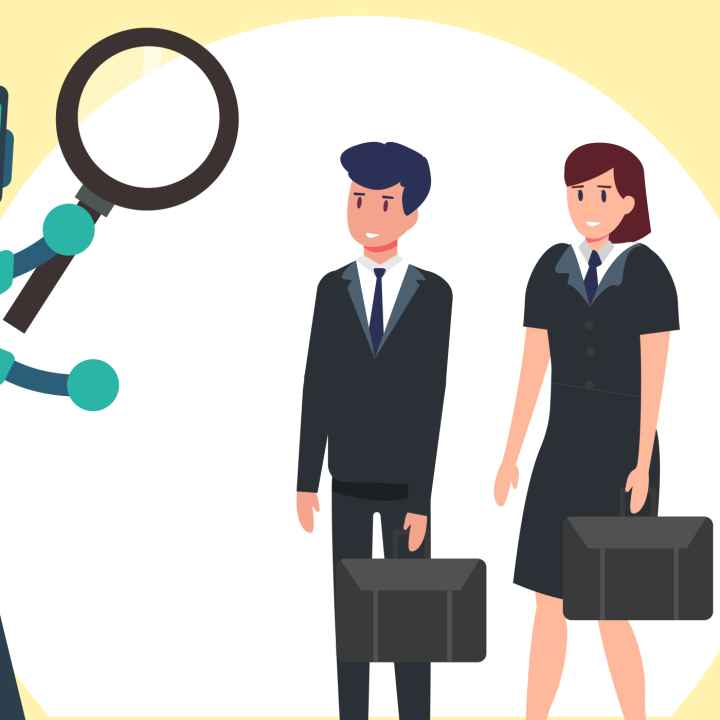 Illustration of robot examining potential employees with magnifying glass.