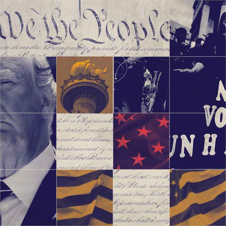 A graphic featuring Trump and imagery pertaining to diversity, equity, and inclusion.