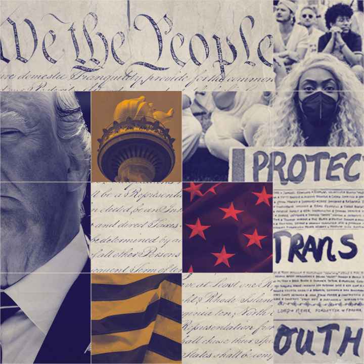 A graphic featuring Trump and imagery pertaining to LGBTQ rights.