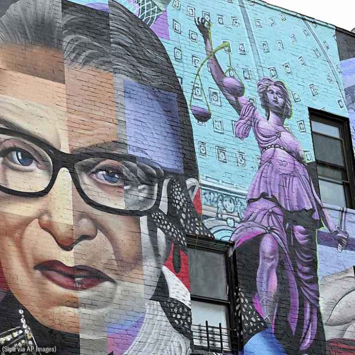 A mural of the late Supreme Court Justice Ruth Bader Ginsburg is seen at the corner of First Avenue and East 11th Street in The East Village, New York, NY, November 19, 2020.