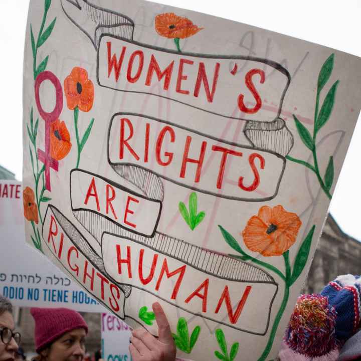 Someone holding a sign that says Women's Rights Are Human Rights.