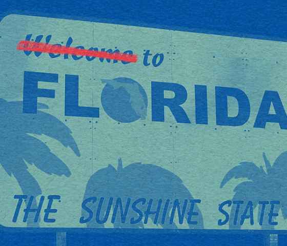 welcome to Florida sign with 'welcome' crossed out